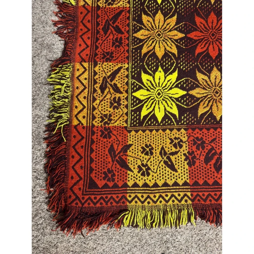 Vintage Polish Folk Wool Blanket Jacquard Floral Geometric Throw. Boho. Autumn.